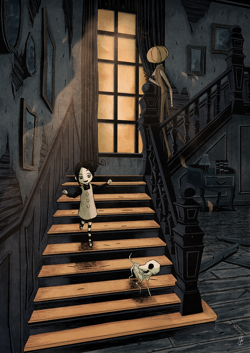 1boy, 1girl, :d, ascot, black_hair, building, child, debris