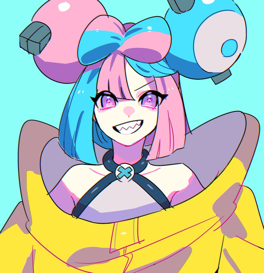 1girl, blue_hair, character_hair_ornament, commentary_request, green_background, grey_shirt, grin, hair_ornament