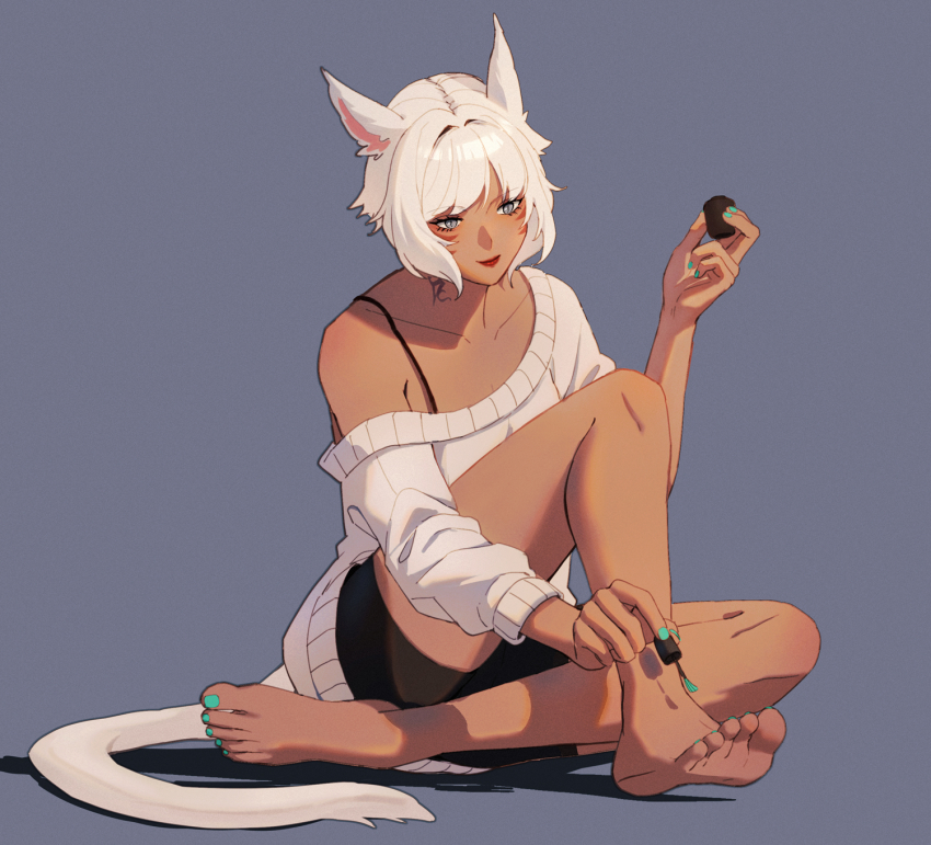 1girl, alternate_costume, animal_ears, applying_pedicure, aqua_nails, barefoot, black_shorts, blue_background, cat_ears, cat_girl, cat_tail, collarbone, commentary, cosmetics, english_commentary, facial_mark, final_fantasy, final_fantasy_xiv, full_body, grey_eyes, hand_up, highres, holding, holding_brush, knee_up, looking_down, lyra-kotto, miqo'te, nail_polish, nail_polish_bottle, nail_polish_brush, neck_tattoo, off-shoulder_sweater, off_shoulder, painting_nails, painting_toenails, red_lips, short_hair, shorts, simple_background, single_bare_shoulder, sitting, slit_pupils, smile, solo, sweater, tail, tattoo, toenail_polish, toenails, white_hair, white_sweater, y'shtola_rhul