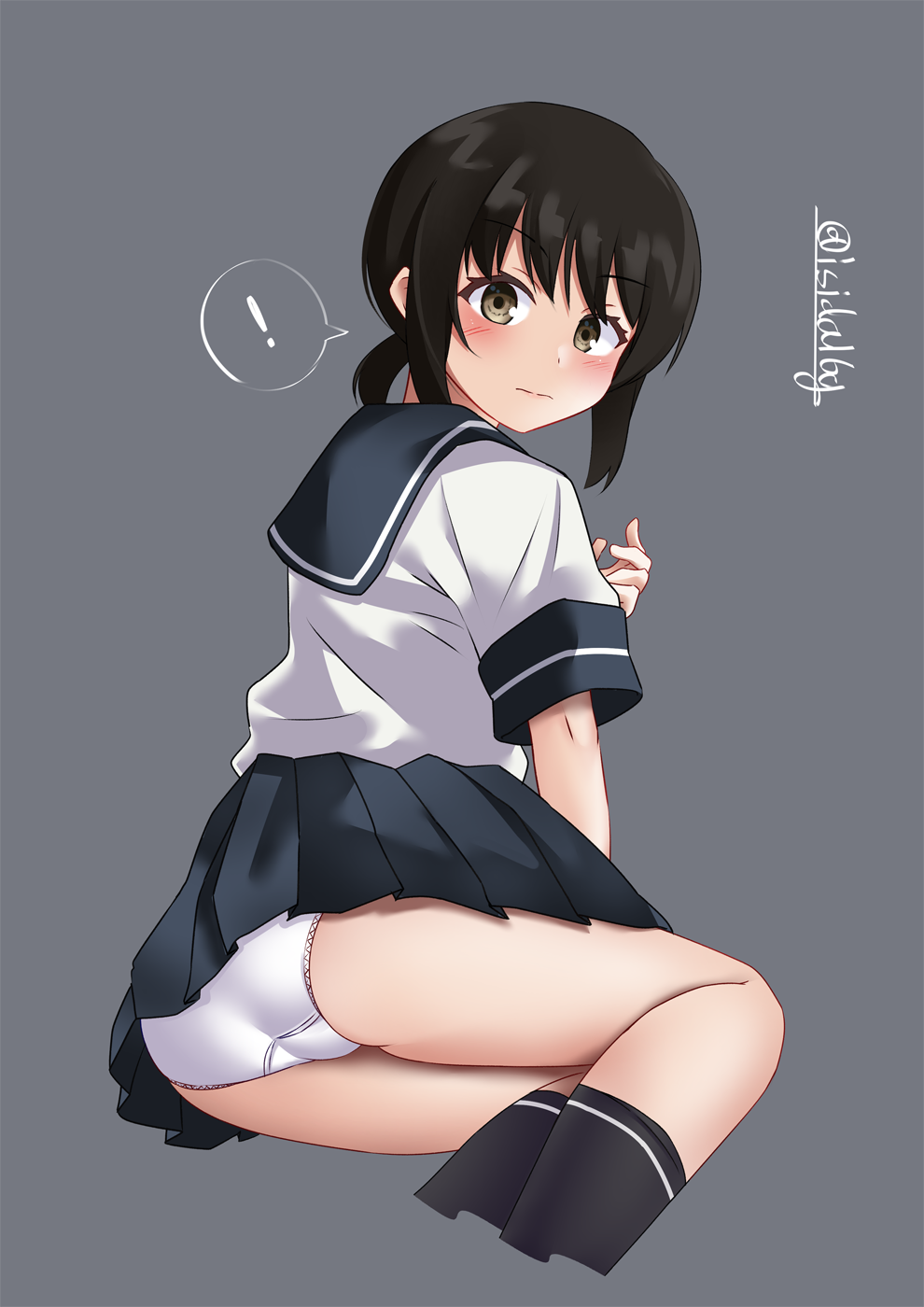 !, 1girl, black_eyes, black_hair, blue_sailor_collar, blue_skirt, blush, embarrassed