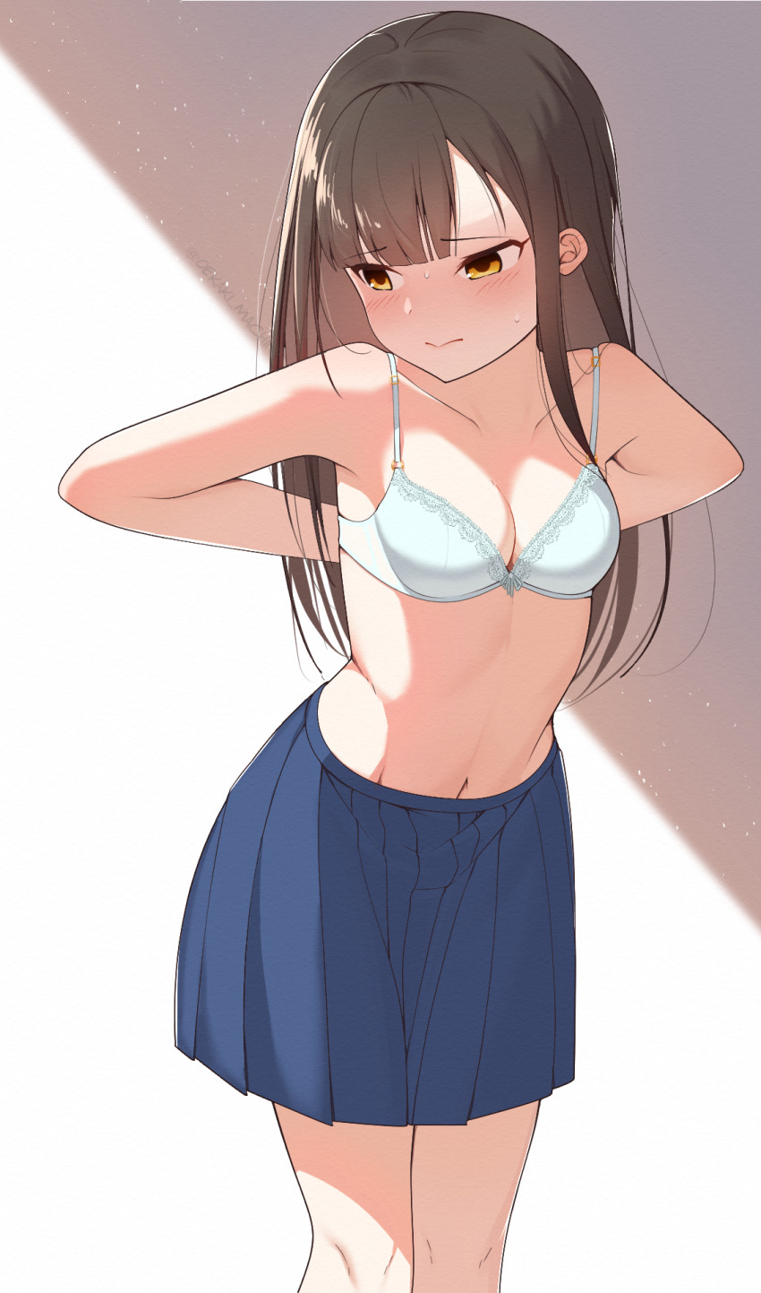 1girl, arms_behind_back, bare_arms, bare_shoulders, blue_skirt, blunt_bangs, bra, breasts, brown_hair, cleavage, closed_mouth, collarbone, commentary_request, feet_out_of_frame, gradient_background, grey_background, highres, idolmaster, idolmaster_cinderella_girls, lace, lace-trimmed_bra, lace_trim, light_particles, long_hair, looking_away, looking_to_the_side, medium_breasts, miniskirt, mizumoto_yukari, navel, no_shirt, pleated_skirt, raised_eyebrows, rfeulgen, sidelocks, skirt, solo, standing, stomach, sweat, twitter_username, underwear, undressing, white_background, white_bra, yellow_eyes