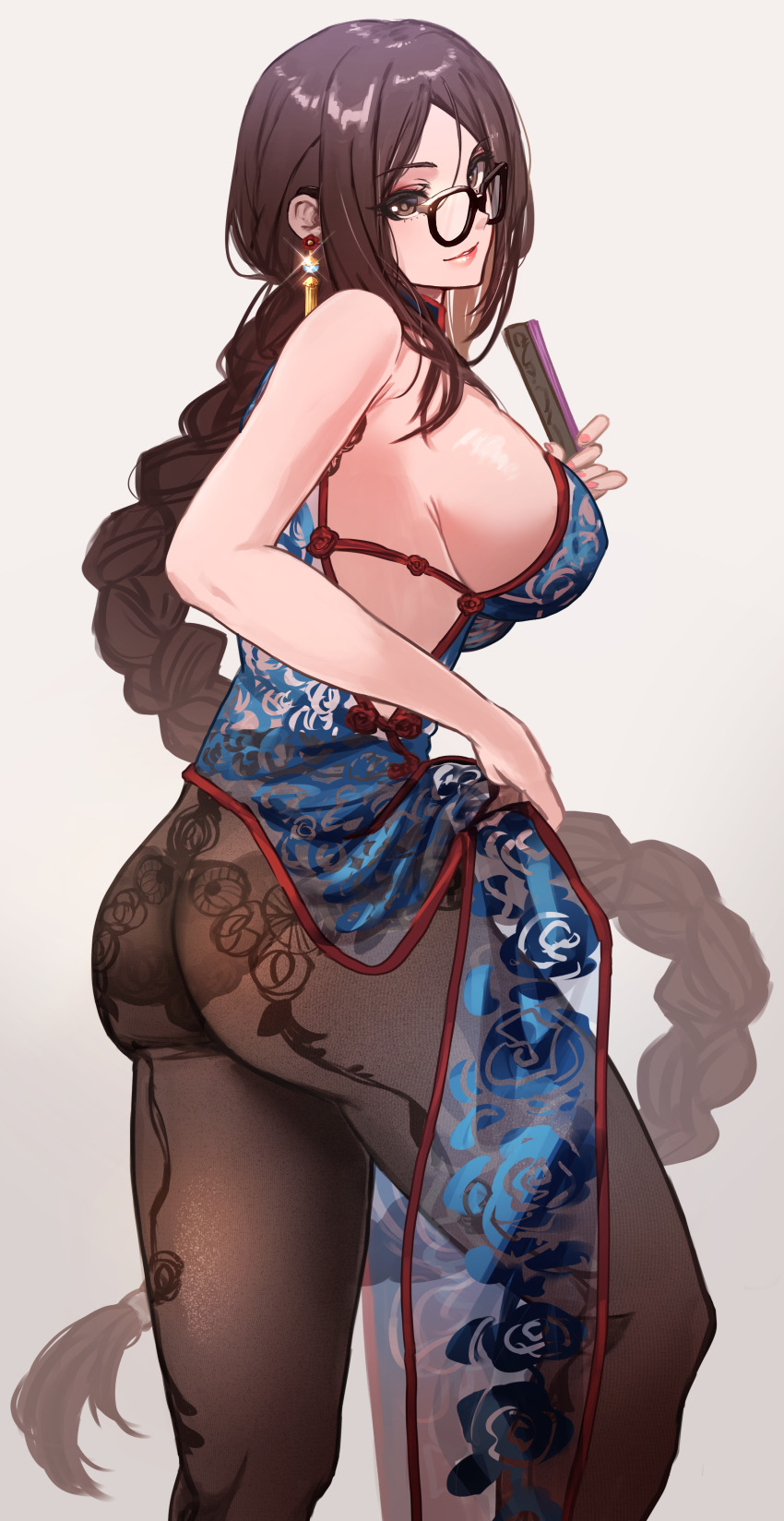 1girl, absurdres, ass, black-framed_eyewear, blue_dress, braid, braided_ponytail, breasts