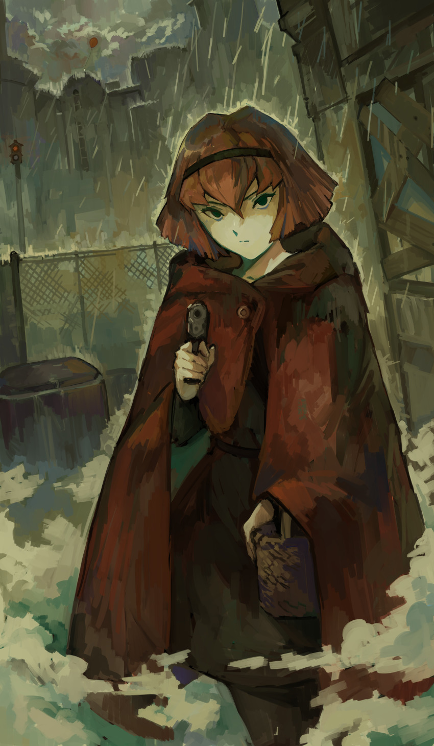 1girl, absurdres, bag, balloon, black_dress, building, chain-link_fence, coat, dress, fence, fog, gun, handbag, handgun, headband, highres, holding, holding_gun, holding_weapon, kornod, looking_at_viewer, r.d., red_hair, short_hair, sky, solo, the_big_o, traffic_light, weapon
