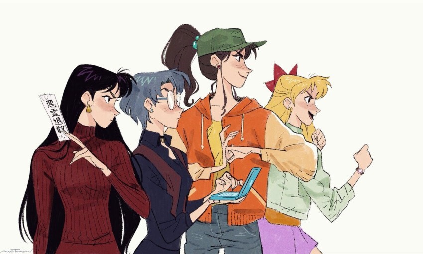 4girls, aino_minako, ami_thompson, baseball_cap, bishoujo_senshi_sailor_moon, black_hair, blonde_hair, blue_hair, bow, brown_hair, clenched_hand, clenched_hands, fighting_stance, glasses, hat, hino_rei, jacket, kino_makoto, long_hair, looking_to_the_side, mizuno_ami, multiple_girls, ofuda, pink_skirt, ponytail, red_bow, red_sweater, shirt, simple_background, skirt, standing, super_computer_(sailor_moon), sweater, very_long_hair, watch, white_background, wristwatch, yellow_shirt
