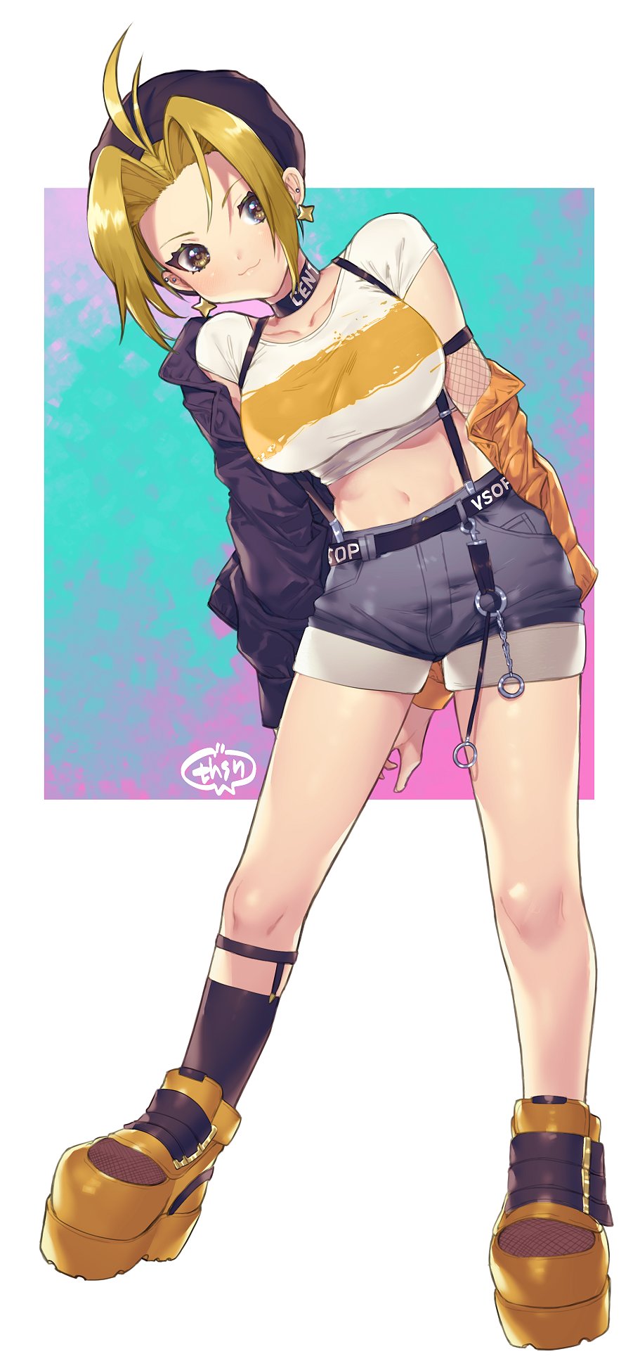 1girl, alternate_costume, blonde_hair, breasts, brown_eyes, closed_mouth, collarbone, earrings