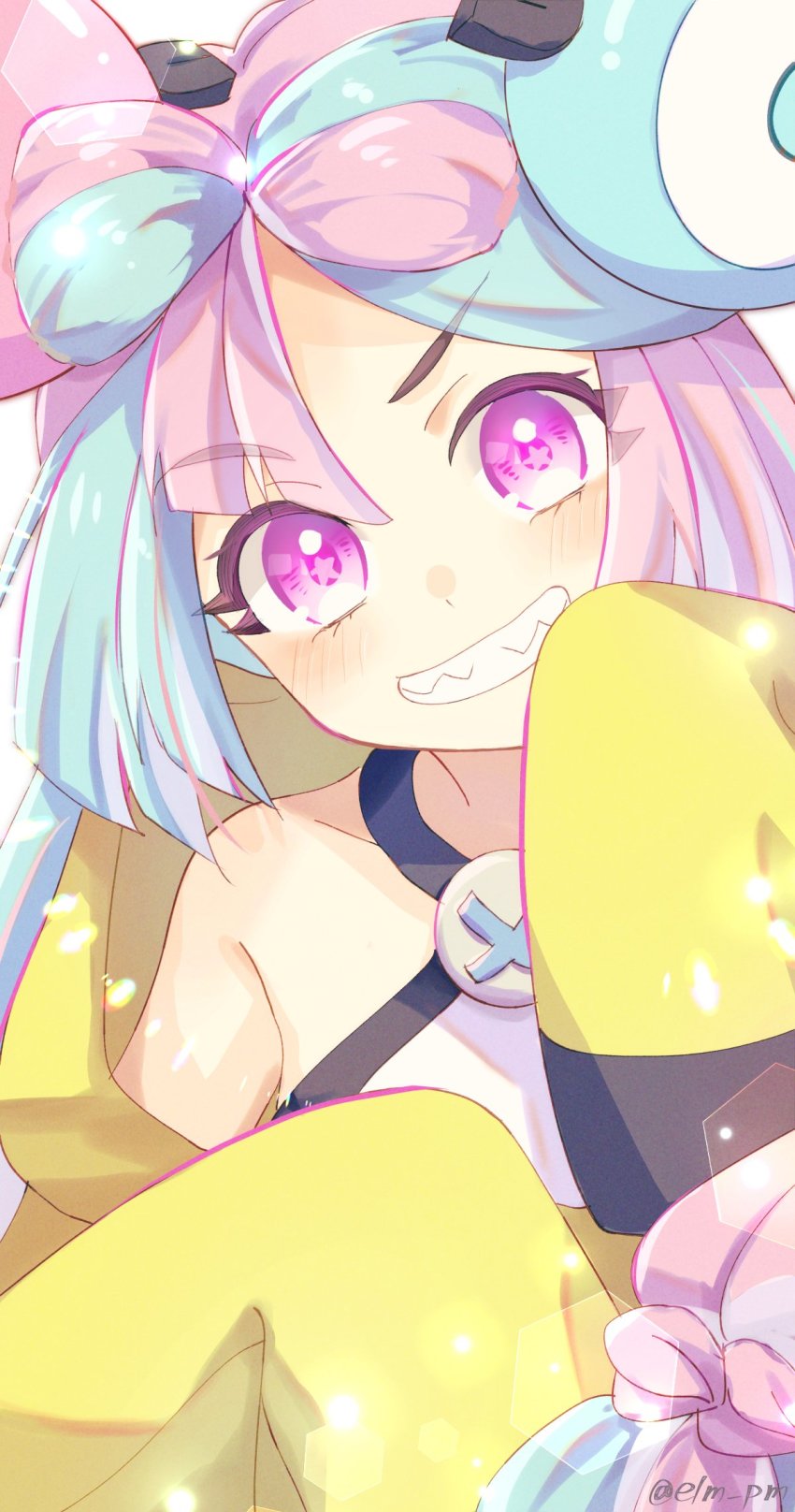 1girl, blurry, blush, bokeh, commentary_request, depth_of_field, eyelashes, green_hair, grin, highres, iono_(pokemon), jacket, long_hair, looking_at_viewer, low-tied_long_hair, multicolored_hair, nanashino_(7shino_gs), nintendo, pink_hair, pokemon, pokemon_scarlet_and_violet, purple_eyes, sharp_teeth, shirt, sleeveless, sleeveless_shirt, smile, solo, star_(symbol), star_in_eye, symbol_in_eye, teeth, twitter_username, two-tone_hair, upper_body, white_shirt, yellow_jacket