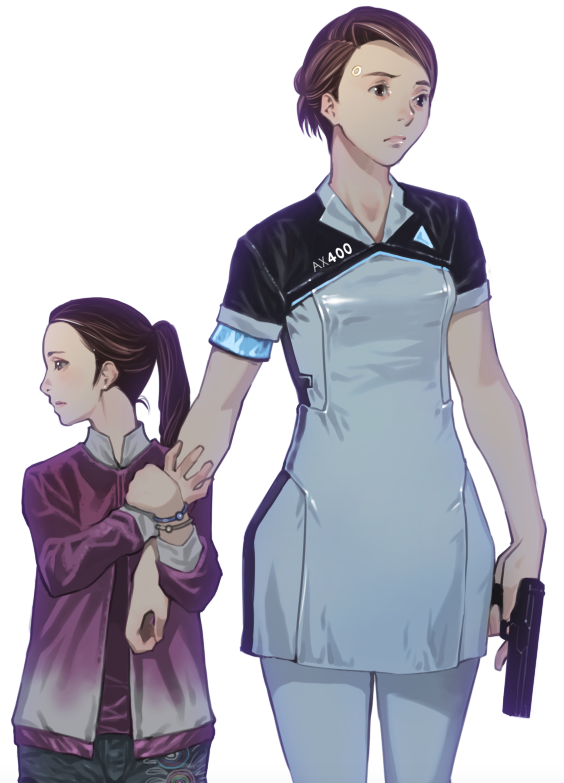2girls, alice_williams, android, breasts, brown_hair, closed_mouth, detroit:_become_human, gun, handgun, kara_(detroit), multiple_girls, ogata_kouji, short_hair, simple_background, weapon, white_background