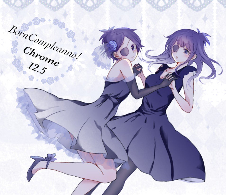 black_gloves, breasts, chrome_dokuro, closed_mouth, dated, dress, dual_persona, eyepatch, flower, gloves, hair_flower, hair_ornament, high_heels, katekyo_hitman_reborn!, long_hair, looking_at_viewer, purple_eyes, purple_hair, short_hair, skirt, smile, yuzumotty