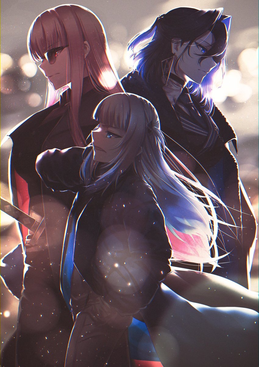 3girls, alternate_costume, backlighting, black_choker, black_jacket, blue_eyes, blue_hair, blue_necktie