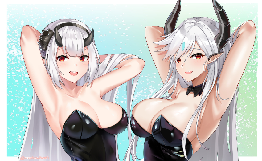 2girls, :d, absurdres, alternate_costume, armpits, arms_behind_head, arms_up, black_bow