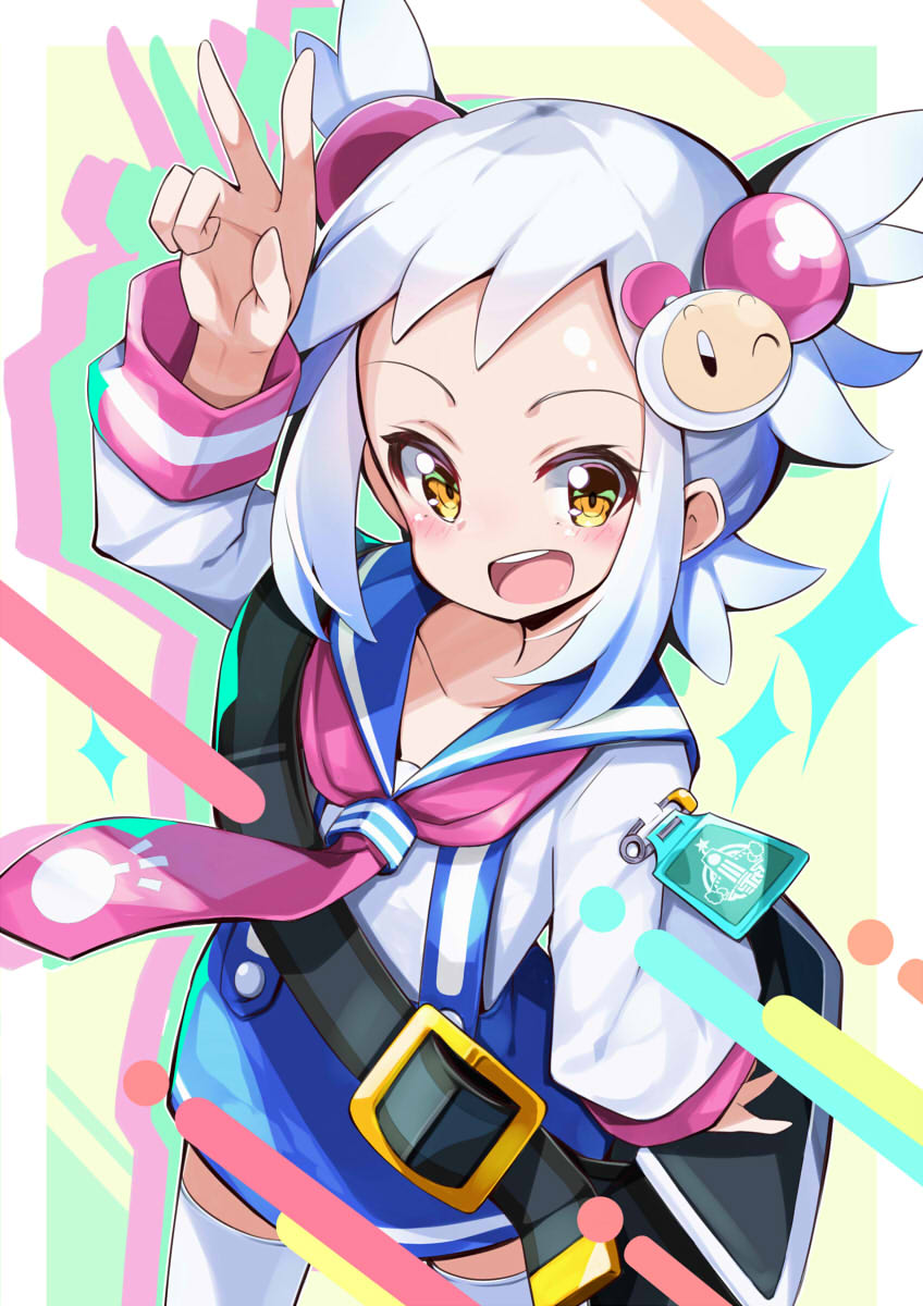 1girl, arm_up, bag, black_bag, blue_sailor_collar, blue_skirt, blush, bombergirl