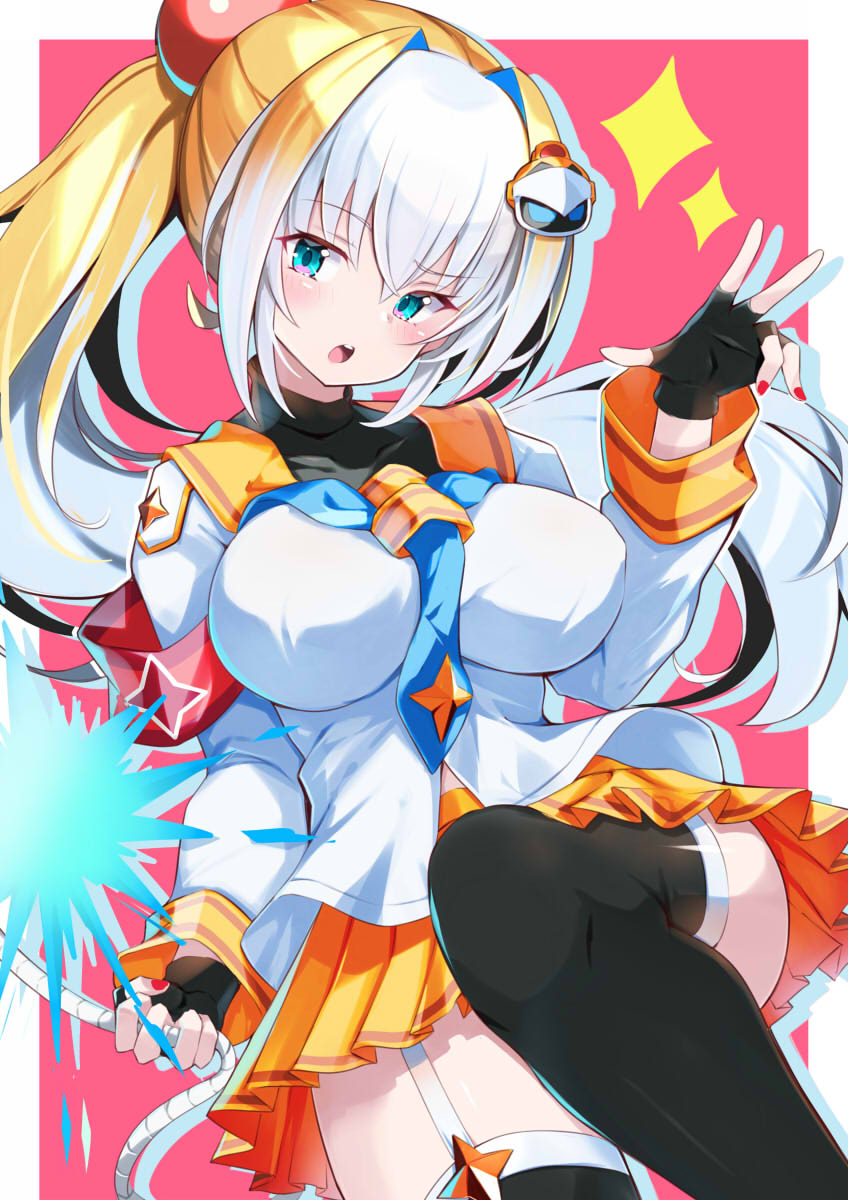 1girl, armband, black_gloves, black_thighhighs, blonde_hair, blue_eyes, blue_hair, bombergirl, bomberman, breasts, character_hair_ornament, covered_collarbone, fingerless_gloves, fingernails, fuse, fuse_tail, garter_straps, gloves, grabbing_own_tail, hair_between_eyes, hair_intakes, hair_ornament, hand_up, highres, large_breasts, leg_up, lit_fuse, long_hair, long_sleeves, miniskirt, nail_polish, omochishiki, open_mouth, orange_sailor_collar, orange_skirt, platinum_(bombergirl), pleated_skirt, ponytail, red_armband, red_nails, sailor_collar, school_uniform, serafuku, shirt, silhouette, single_horizontal_stripe, sirius_(bomberman), skirt, solo, sparkle, sphere_hair_ornament, tail, teeth, thighhighs, thighs, turtleneck, white_hair, white_shirt, white_tail, zettai_ryouiki