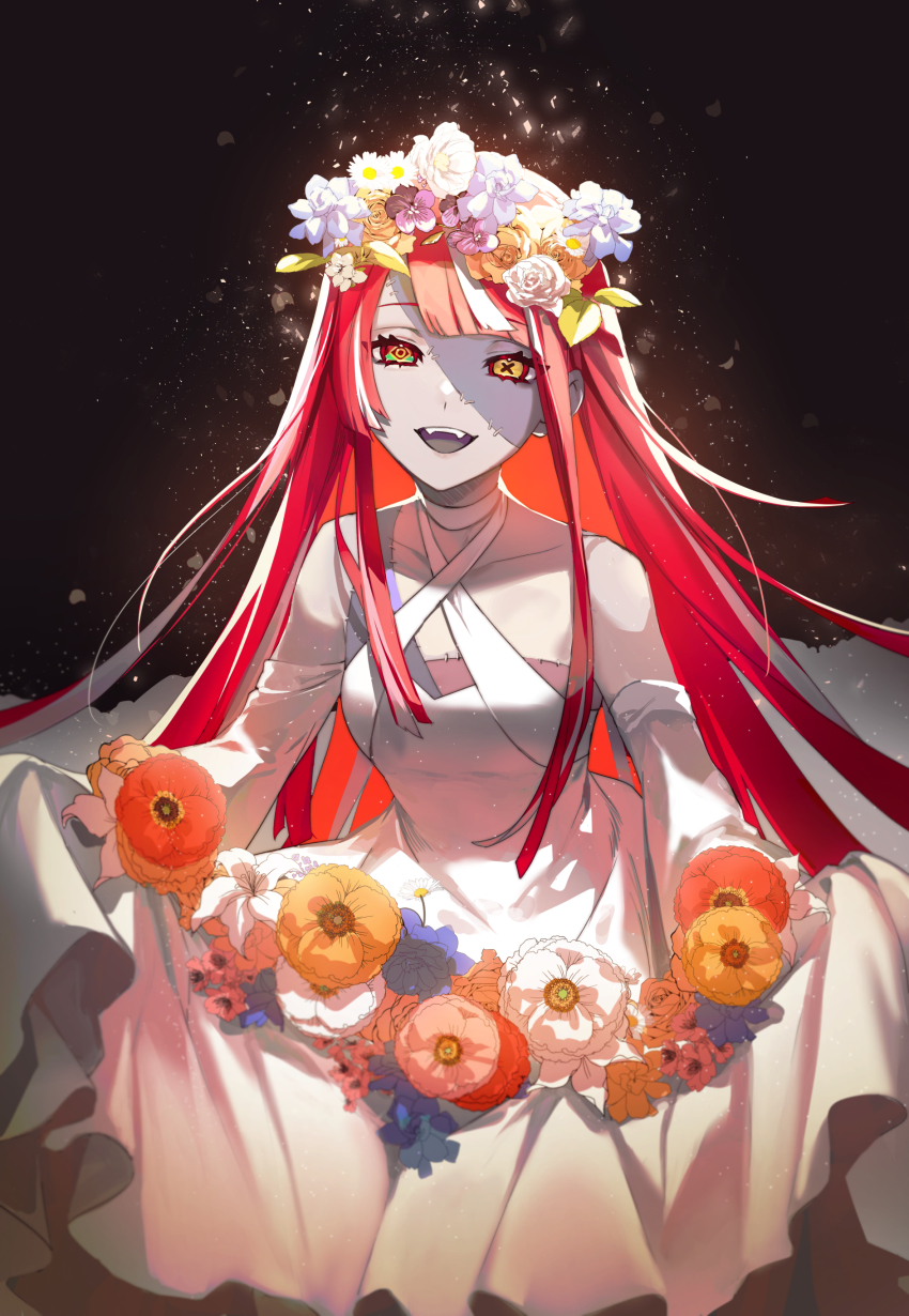 1girl, absurdres, bare_shoulders, choker, colored_skin, detached_sleeves, diamond-shaped_pupils, diamond_(shape), dress, fangs, flower, grey_skin, head_wreath, heterochromia, highres, hololive, hololive_indonesia, isal_(lasi), kureiji_ollie, long_hair, looking_at_viewer, mismatched_pupils, multicolored_hair, multicolored_skin, open_mouth, patchwork_skin, red_hair, smile, solo, stitched_face, stitches, symbol-shaped_pupils, two-tone_skin, virtual_youtuber, wedding_dress, white_skin, x-shaped_pupils, zombie