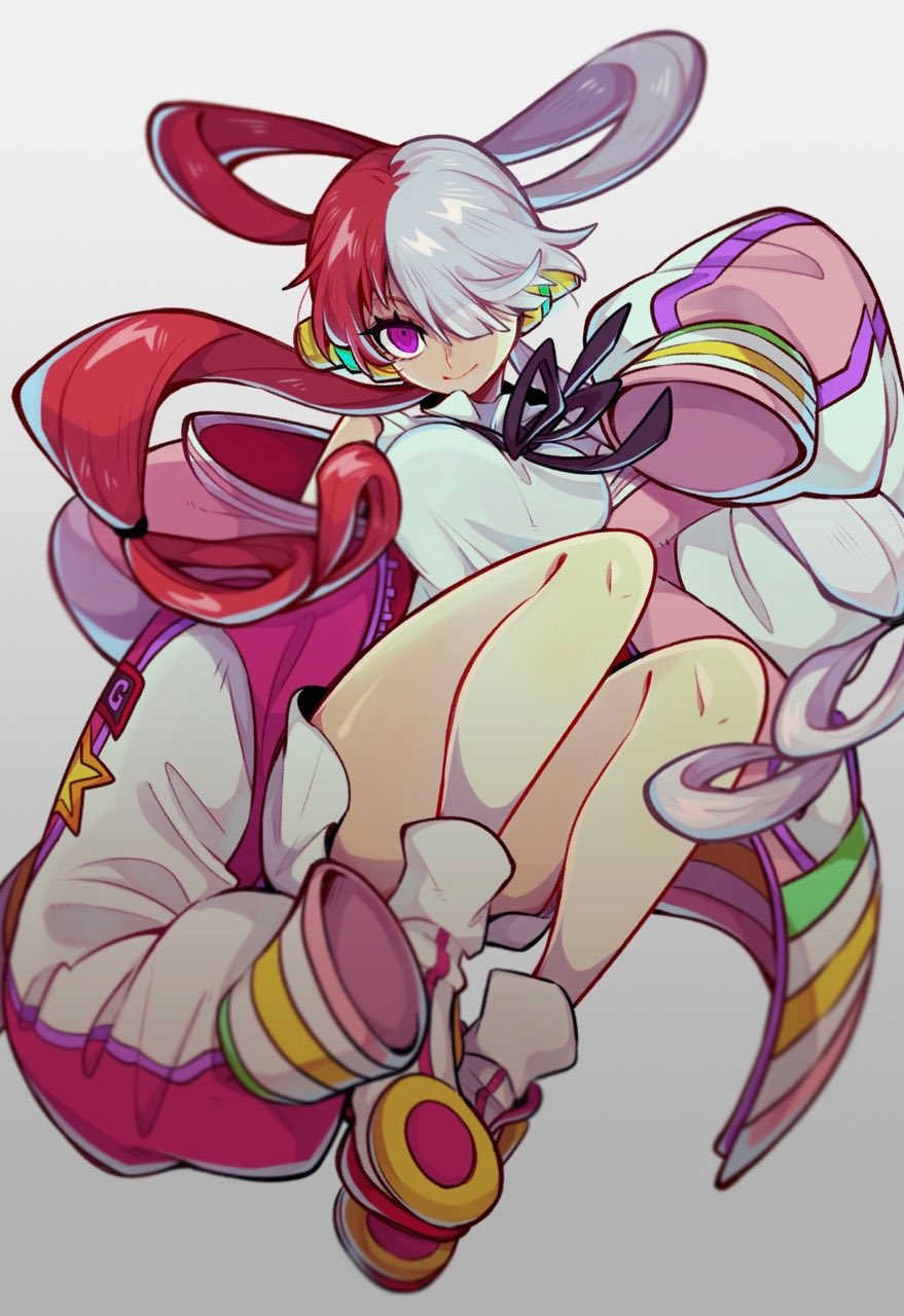 1girl, bare_legs, black_ribbon, closed_mouth, dress, full_body, grey_background, hair_over_one_eye