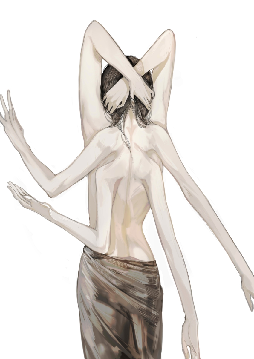 1other, absurdres, androgynous, arms_at_sides, arms_behind_head, arms_up, back, back_focus, bare_shoulders, black_hair, burusiji, check_copyright, commentary_request, copyright_request, cow, extra_arms, facing_away, from_behind, hair_over_shoulder, hands_in_own_hair, hands_up, highres, long_hair, nape, original, sarong, simple_background, solo, standing, topless_other, white_background