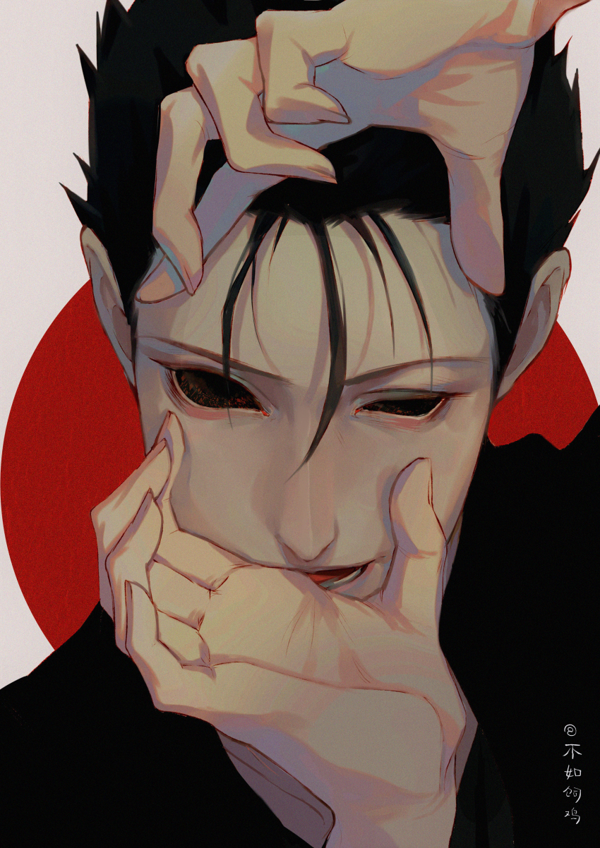 1boy, absurdres, black_hair, black_sclera, black_shirt, burusiji, colored_sclera, facing_viewer, finger_frame, hair_between_eyes, hands_up, highres, hollow_eyes, male_focus, mob_psycho_100, portrait, shimazaki_ryo, shirt, short_hair, smile, solo, spiked_hair, uneven_eyes, white_background, widow's_peak