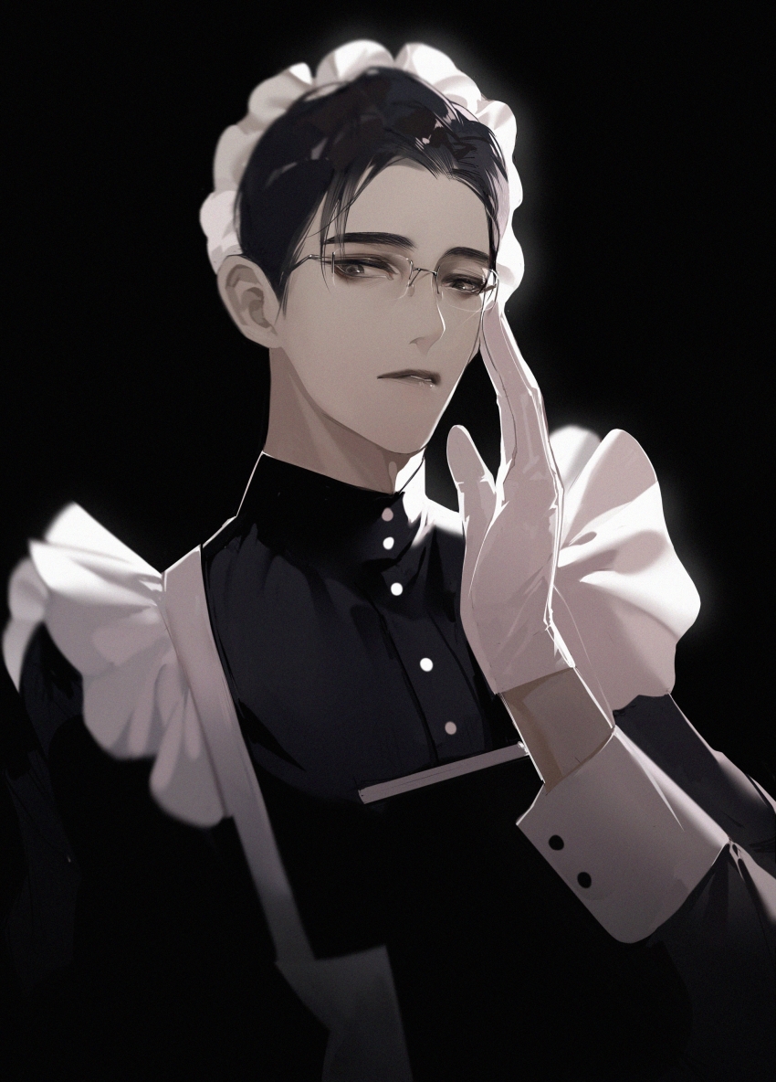 1boy, absurdres, adjusting_eyewear, apron, backlighting, black_background, black_dress, black_hair
