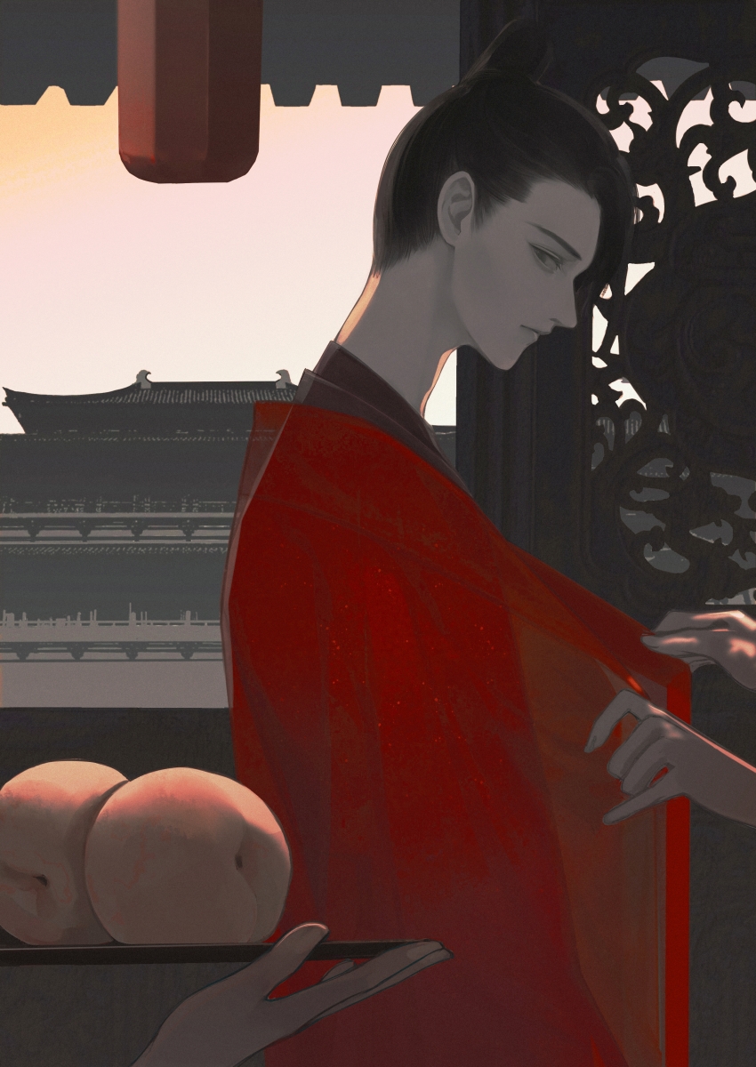 1boy, absurdres, architecture, burusiji, chinese_clothes, coat, dressing, dressing_another