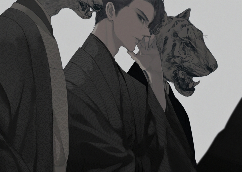 3boys, burusiji, chinese_clothes, closed_mouth, coat, from_side, frown, furry, greyscale, hand_up, hanfu, head_out_of_frame, highres, li_chengze, lineup, looking_at_viewer, monochrome, multiple_boys, open_mouth, portrait, qing_yunian, robe, sideways_glance, simple_background, solo_focus, tiger_boy, updo, wolf_boy