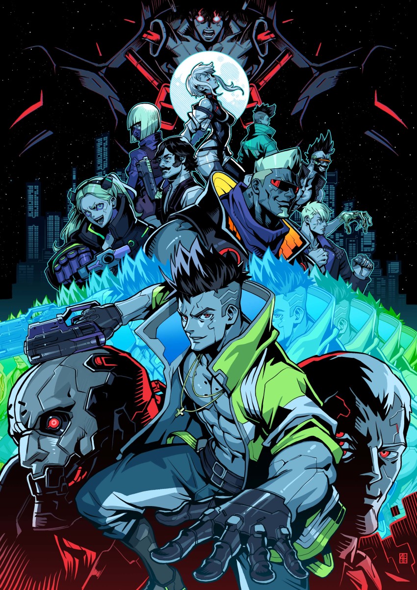 4girls, 6+boys, abs, absolum_art, absurdres, adam_smasher, artificial_eye, cyberpunk, cyberpunk_(series), cyberpunk:_edgerunners, david_martinez, dorio_(cyberpunk), falco_(cyberpunk), faraday_(cyberpunk), gun, highres, holding, holding_gun, holding_weapon, jacket, jewelry, kiwi_(cyberpunk), large_pectorals, long_hair, lucy_(cyberpunk), maine_(cyberpunk), single_mechanical_eye, mohawk, multiple_boys, multiple_girls, muscular, muscular_male, necklace, open_clothes, open_jacket, pectorals, pilar_(cyberpunk), rebecca_(cyberpunk), samurai_jacket_(cyberpunk), short_hair, weapon