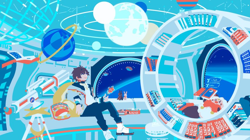 >_<, 1boy, :3, absurdres, amatsuki_(utaite), aqua_theme, black_hair, blinking, book, bookshelf, cancer_(constellation), closed_mouth, colored_tips, constellation, flat_color, highres, holding, holding_wand, indie_utaite, looking_up, lying, male_focus, masamune_(amatsuki), multicolored_hair, no_lineart, official_art, orange_hair, orbital_path, original, planet, ponsuke_kaikai, short_hair, sitting, solo, space, space_station, spacecraft_interior, star_wand, stuffed_animal, stuffed_rabbit, stuffed_toy, telescope, utaite, wand, white_footwear, window