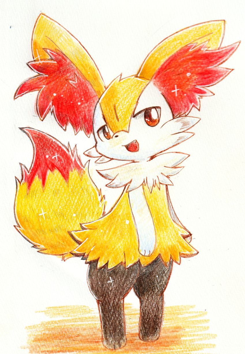 1girl, absurdres, animal_ear_fluff, animal_ears, animal_feet, animal_hands, animal_nose, arms_at_sides, black_fur, body_fur, braixen, fang, female_focus, flat_chest, fox_ears, fox_girl, fox_tail, full_body, furry, furry_female, gen_6_pokemon, happy, highres, kirin1204, looking_at_viewer, multicolored_fur, neck_fur, nintendo, open_mouth, pokemon, pokemon_(creature), red_eyes, simple_background, smile, snout, solo, standing, tail, tail_raised, traditional_media, white_background, white_fur, yellow_fur