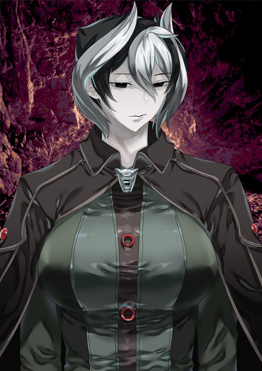 1girl, black_cape, black_coat, black_eyes, black_hair, breasts, cape, coat, commentary_request, hair_between_eyes, highres, looking_at_viewer, made_in_abyss, mishumi_jugem, multicolored_hair, ozen, short_hair, simple_background, solo, standing, two-tone_hair, whistle, white_hair