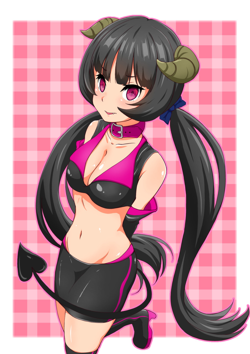 arms_behind_back, bare_shoulders, biretti, black_gloves, black_jacket, black_skirt, boots, breasts, cleavage, collar, cropped_jacket, demon_girl, demon_horns, demon_tail, earrings, elbow_gloves, gloves, grey_hair, high_heels, highres, horns, irish_(3gatu-usagi), jacket, jewelry, legs_up, low_twintails, medium_breasts, navel, original, pencil_skirt, pink_collar, plaid_background, red_eyes, skirt, sleeveless, sleeveless_jacket, tail, teeth, thigh_boots, twintails, underboob, wings