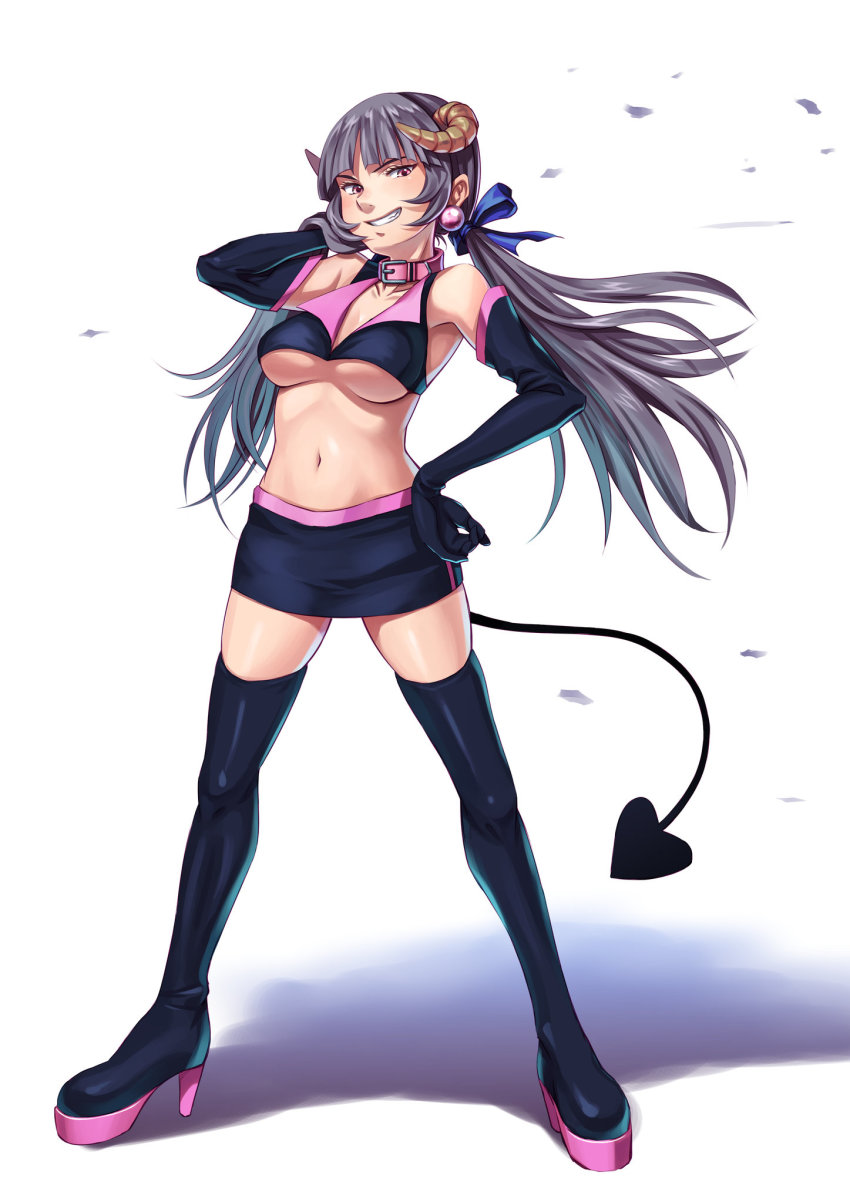 bare_shoulders, black_gloves, black_jacket, black_skirt, boots, breasts, cleavage, collar, cropped_jacket, demon_girl, demon_horns, demon_tail, earrings, elbow_gloves, full_body, gloves, grey_hair, high_heels, highres, hokechu, horns, irish_(3gatu-usagi), jacket, jewelry, low_twintails, medium_breasts, navel, original, pencil_skirt, pink_collar, red_eyes, skirt, sleeveless, sleeveless_jacket, tail, teeth, thigh_boots, twintails, underboob, wings