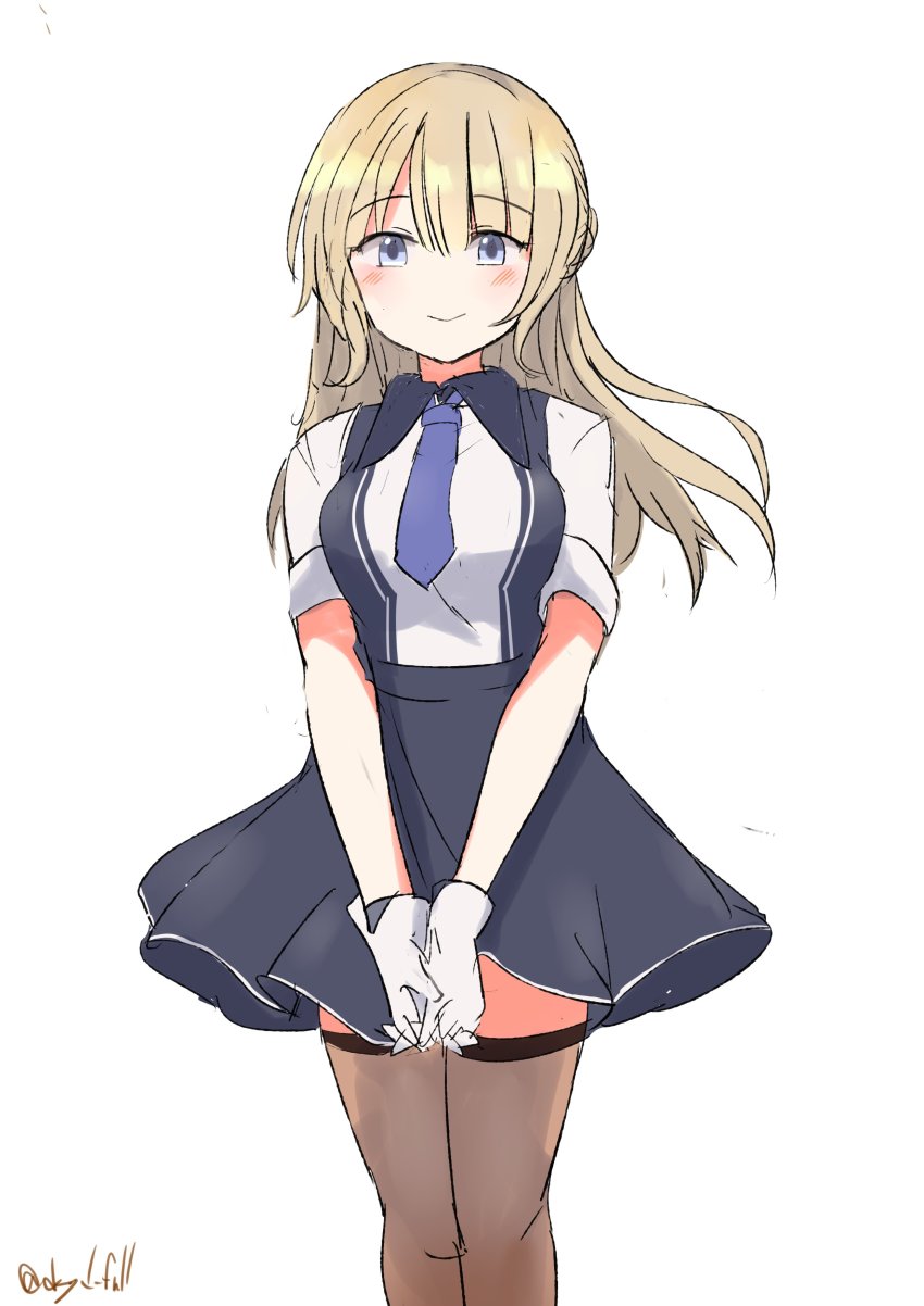 1girl, absurdres, blonde_hair, blue_eyes, blue_necktie, blue_skirt, braid, breasts