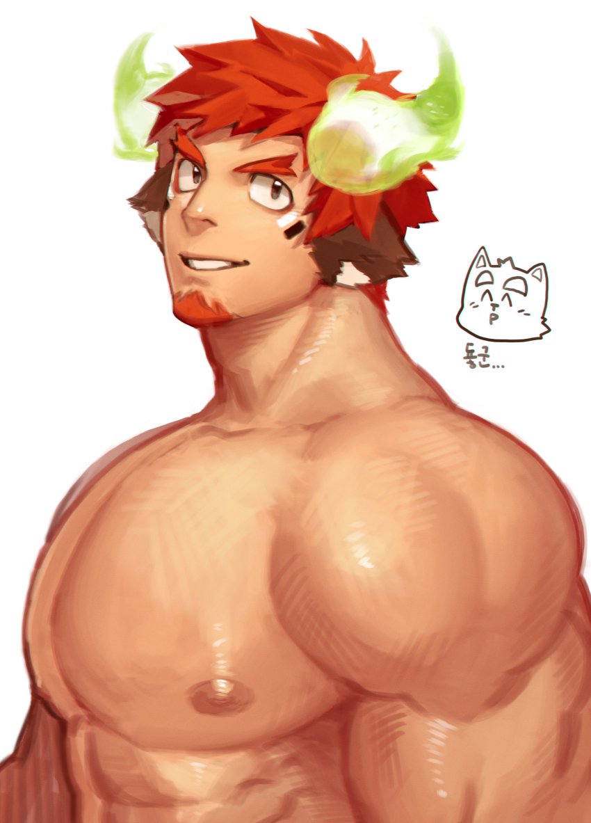 1boy, absurdres, animal_ears, bara, brown_eyes, brown_hair, commentary_request, cow_boy