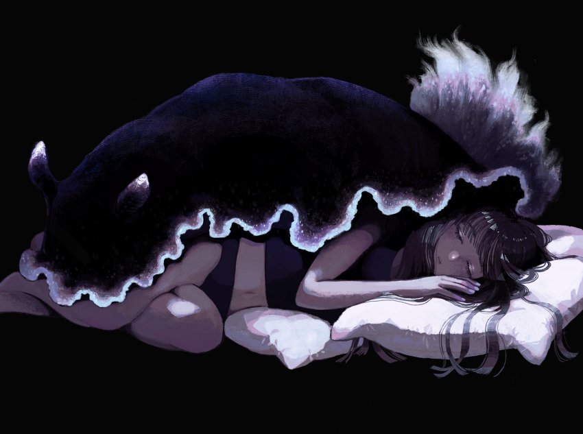 1girl, animal, black_background, black_panties, closed_eyes, feet_out_of_frame, hair_spread_out, hanio3