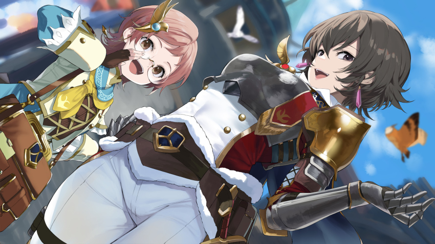 2girls, armor, bag, belt, bird_hair_ornament, black_hair, breastplate, brown_eyes, brown_gloves, capcom, chichae_(monster_hunter), creature_request, dutch_angle, earrings, fingerless_gloves, fiorayne_(monster_hunter), floating_earrings, from_below, gauntlets, glasses, gloves, grey_eyes, hair_between_eyes, hair_ornament, highres, jewelry, looking_at_viewer, monster_hunter_(series), monster_hunter_rise, multiple_girls, pauldrons, pink_hair, rimless_eyewear, short_hair, shoulder_armor, yappen