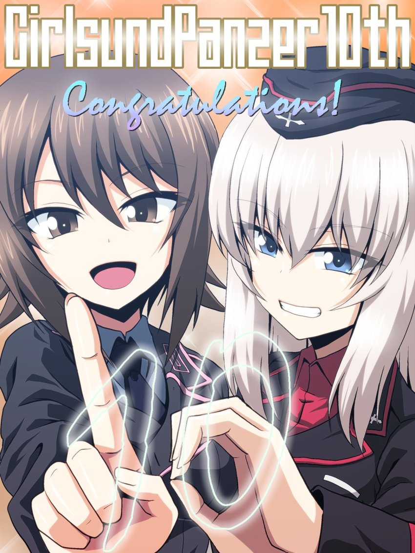 2girls, :d, anniversary, black_headwear, black_jacket, black_necktie, blue_eyes, brown_eyes