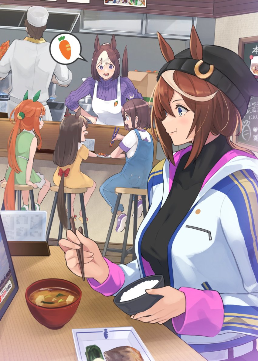 2boys, 4girls, absurdres, aged_up, alternate_costume, alternate_hairstyle, animal_ears, apron