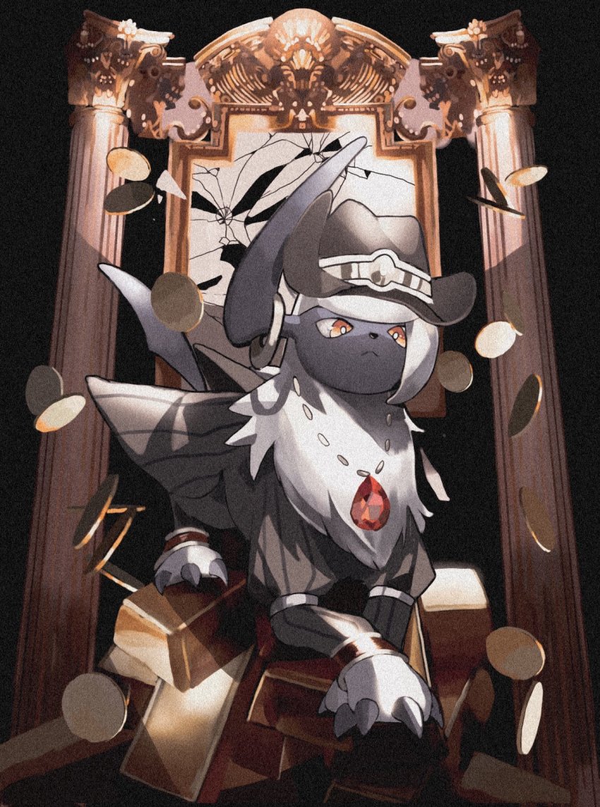 :<, absol, absol_(dark_suit), animal_focus, black_hat, black_shirt, bright_pupils, broken_mirror, claws, closed_mouth, clothed_pokemon, coin, cowboy_hat, crack, full_body, fur_collar, gem, gen_3_pokemon, gold, gold_bar, hat, highres, horn_ornament, horns, jewelry, juliet_sleeves, long_sleeves, mirror, necklace, nintendo, no_humans, pillar, pinstripe_pattern, pokemon, pokemon_(creature), pokemon_unite, puffy_sleeves, red_eyes, red_gem, reo_(mmocc123), shirt, short_hair, sidelocks, sitting, solo, striped, white_hair, white_pupils