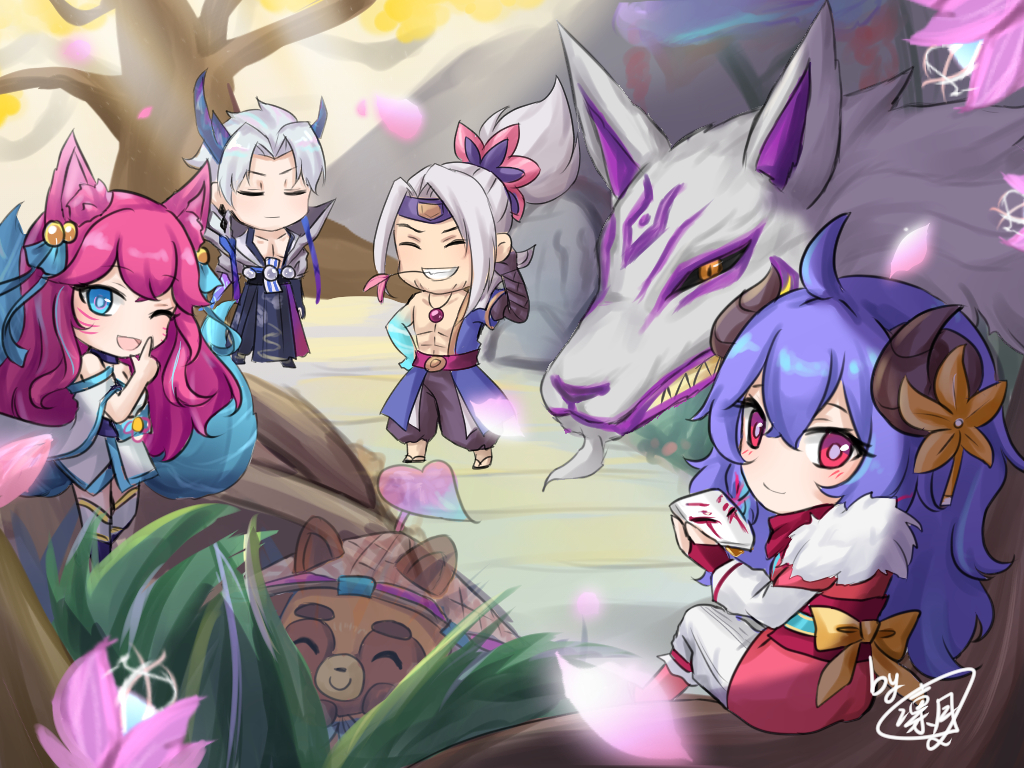 2girls, 3boys, :d, abs, ahoge, ahri_(league_of_legends), animal, animal_ears