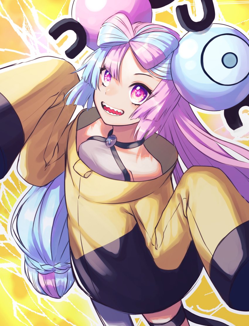 1girl, :d, absurdres, blue_hair, character_hair_ornament, commentary_request, gomimusi_go_go, grey_shirt