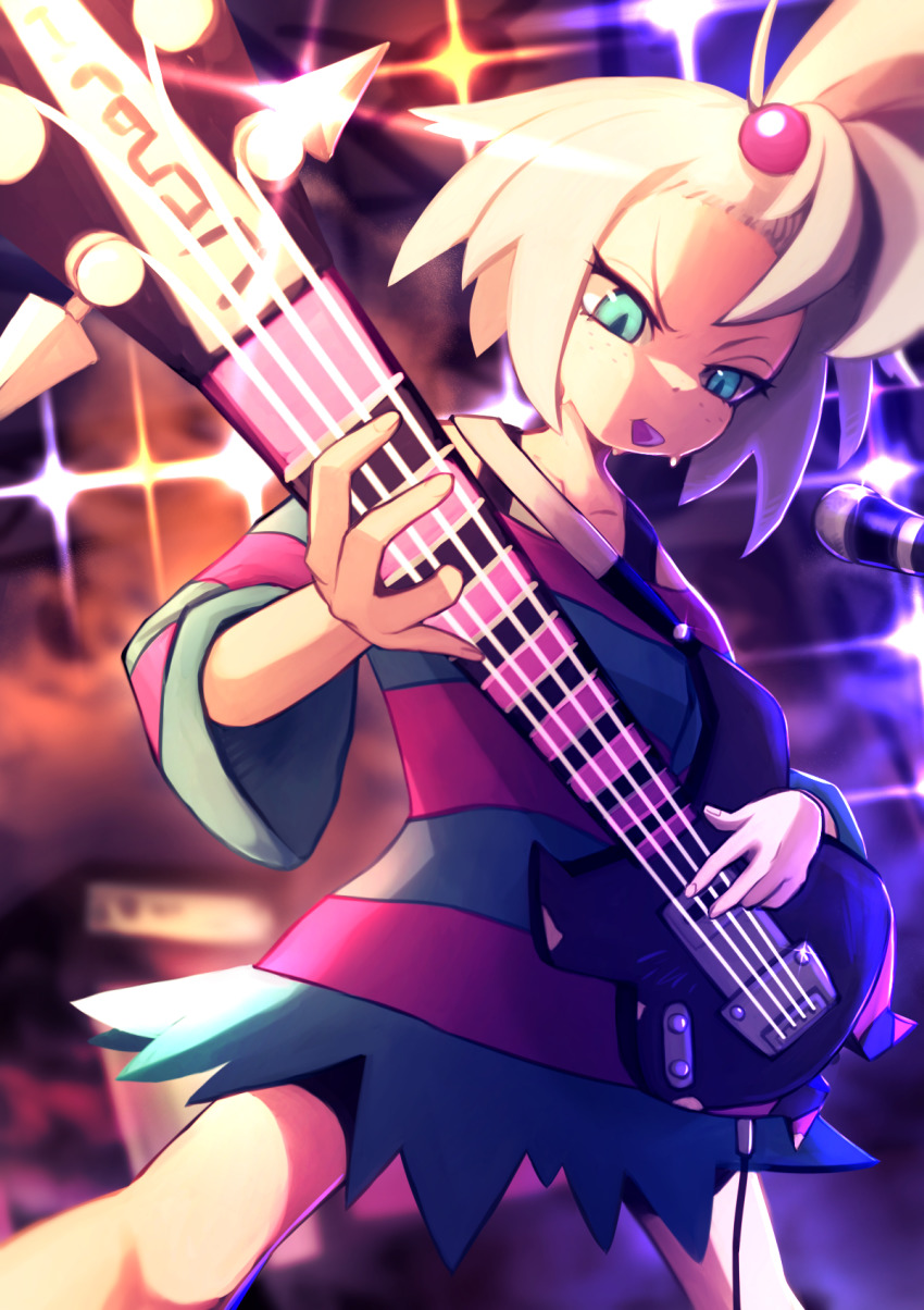 1girl, bass_guitar, blurry, cable, collarbone, commentary_request, dress, freckles