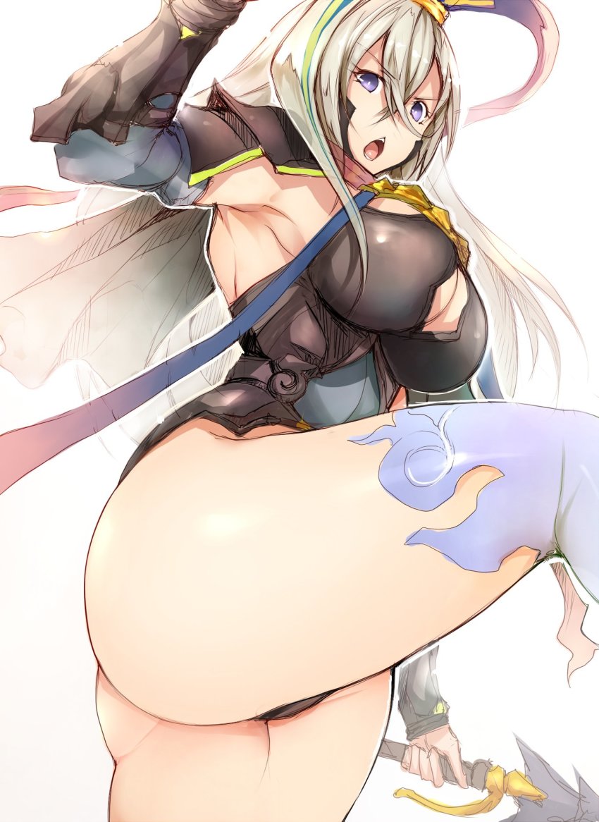 1girl, arm_guards, armor, armpits, blue_thighhighs, blush, breastplate, breasts