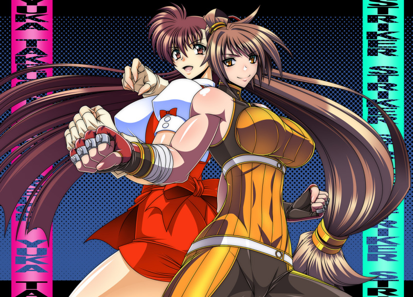 2girls, back-to-back, breasts, brown_hair, cowboy_shot, dnf_duel, dungeon_and_fighter, female_fighter_(dungeon_and_fighter)