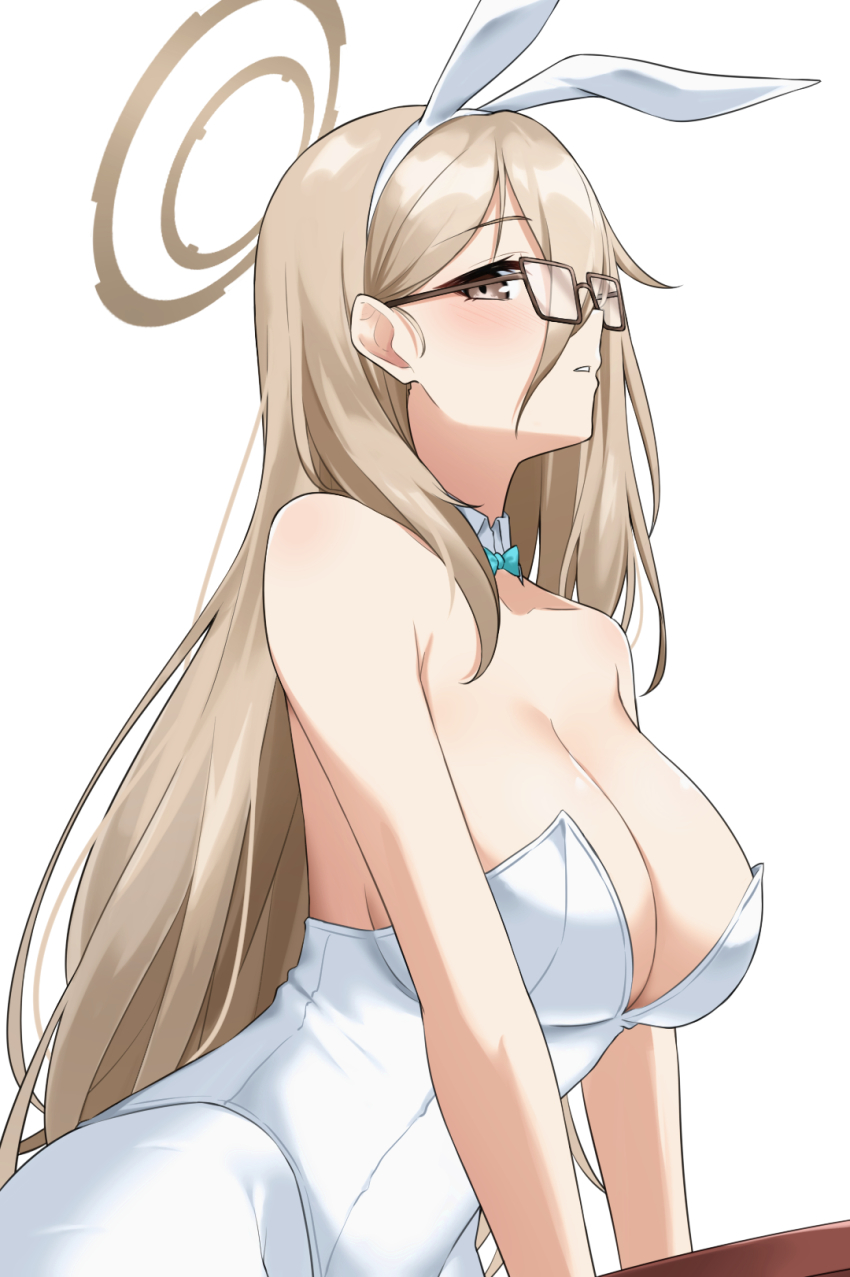 1girl, akane_(blue_archive), akane_(bunny)_(blue_archive), animal_ears, bare_shoulders, blue_archive, blush, breasts