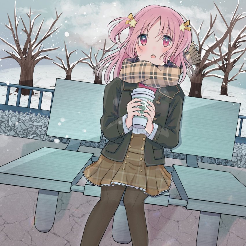 1girl, bench, cup, drink, hair_ornament, hair_ribbon, highres, holding, holding_cup, magia_record:_mahou_shoujo_madoka_magica_gaiden, mahou_shoujo_madoka_magica, medium_hair, misono_karin, oh_ring, orange_ribbon, parted_bangs, parted_hair, purple_eyes, purple_hair, ribbon, sakae_general_school_uniform, scarf, school_uniform, snow, snowing, solo, star_(symbol), star_hair_ornament, two_side_up