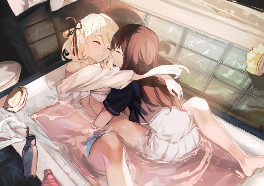 2girls, bathroom, bathtub, black_hair, blonde_hair, bob_cut, closed_eyes, hair_ribbon, highres, inoue_takina, long_hair, lycoris_recoil, multiple_girls, nishikigi_chisato, plaid_clothes, plaid_skirt, red_ribbon, ribbon, saitogiulio, short_hair, short_sleeves, skirt, water, white_skirt, yuri