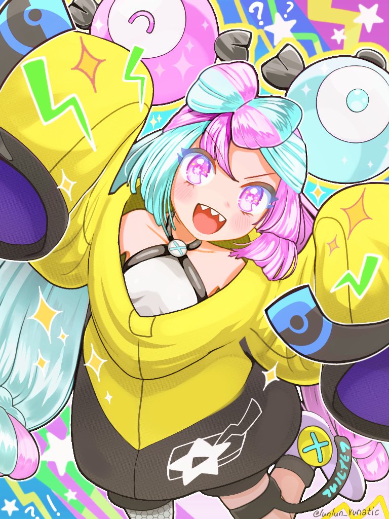 1girl, :d, arms_up, black_shorts, blush, boots, breasts, commentary_request