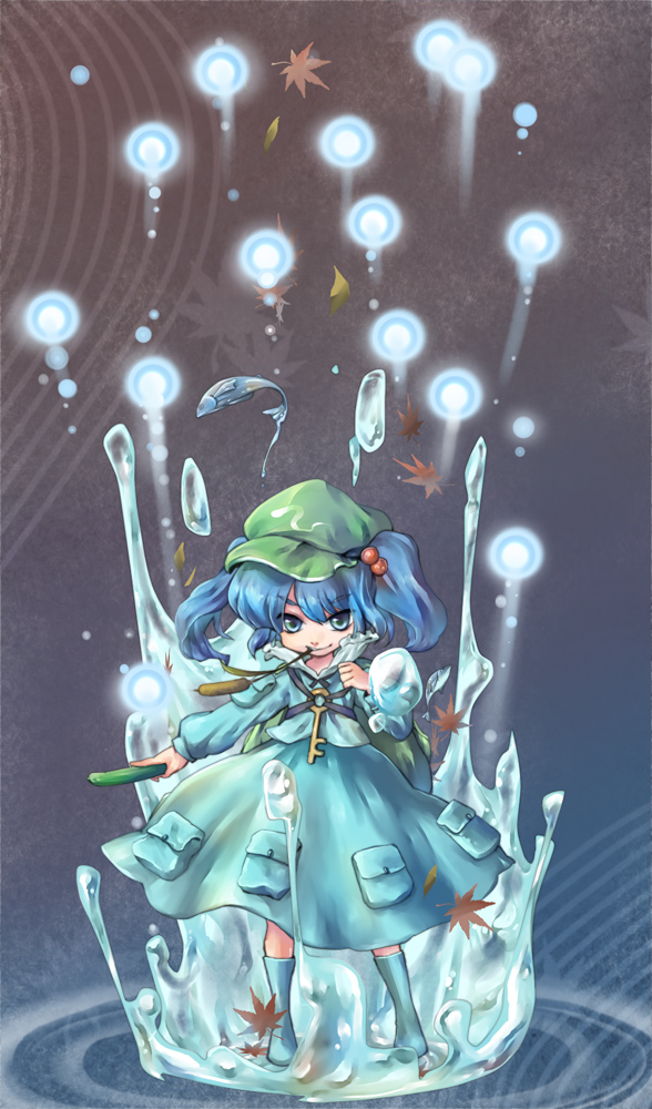 1girl, backpack, bad_id, bad_pixiv_id, bag, blue_eyes, blue_hair, cucumber, female_focus, fish, fujimaru_jiji, full_body, hair_bobbles, hair_ornament, hat, kawashiro_nitori, key, leaf, matching_hair/eyes, randoseru, short_hair, solo, touhou, twintails, two_side_up, zizi