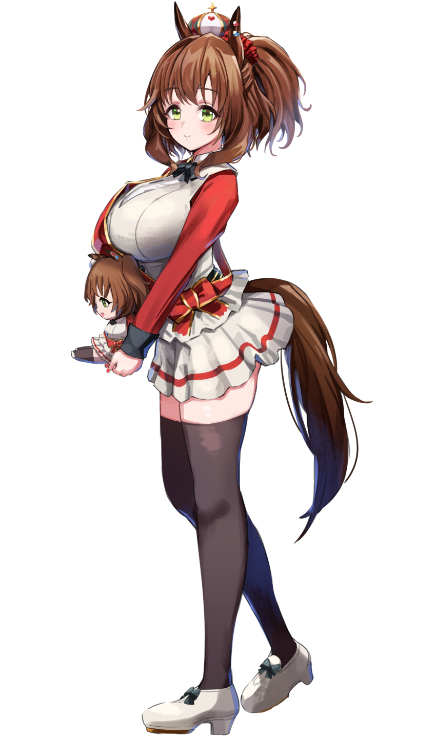 1girl, absurdres, animal_ears, aston_machan_(flare)_(umamusume), aston_machan_(umamusume), black_bow, black_thighhighs, blush