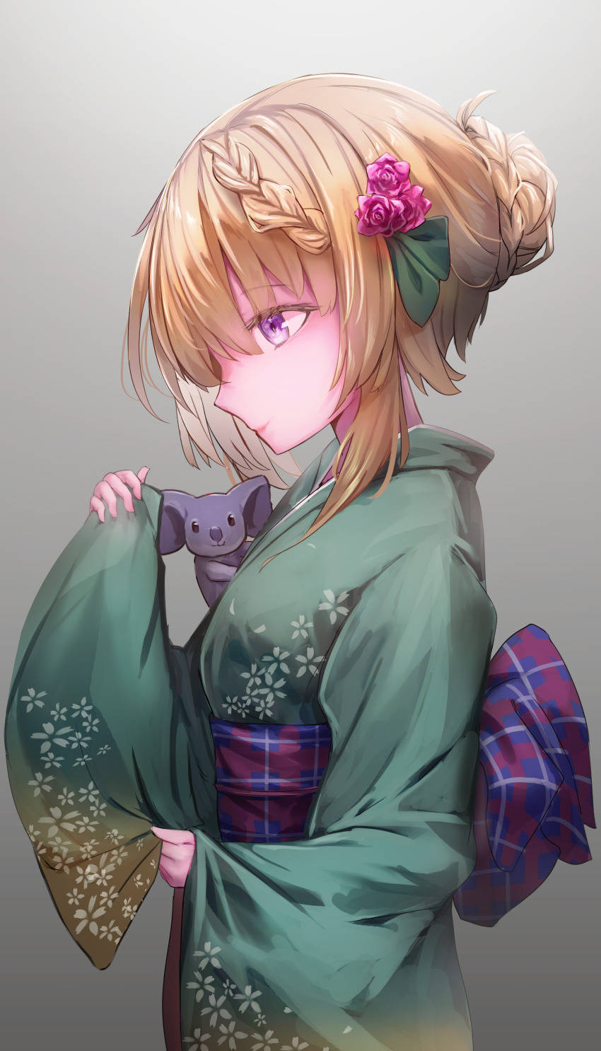 1girl, absurdres, alternate_costume, blonde_hair, braid, braided_bun, floral_print, flower