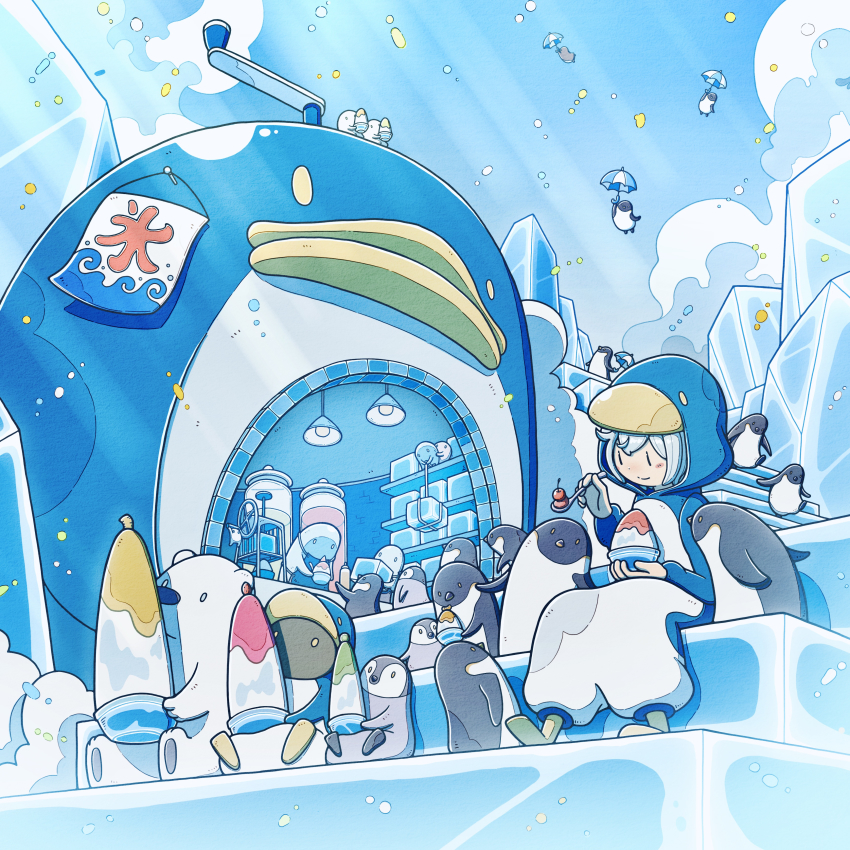 1girl, absurdres, animal_hood, bear, bird, cherry, eating, food