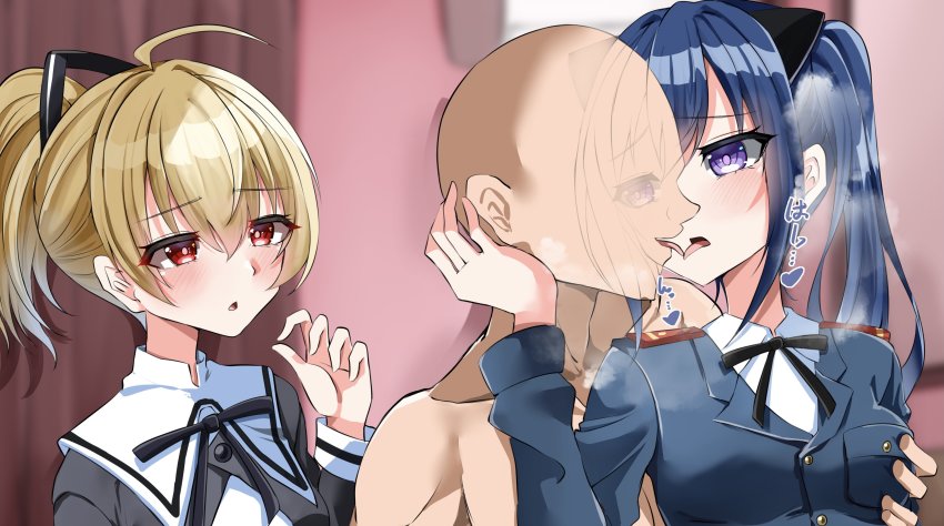 1boy, 2girls, absurdres, ando_tazusa, assault_lily, blonde_hair, blue_hair, blush, grabbing_another's_breast, groping, highres, ishikawa_aoi, kiss, long_hair, multiple_girls, purple_eyes, red_eyes, school_uniform, ya-man